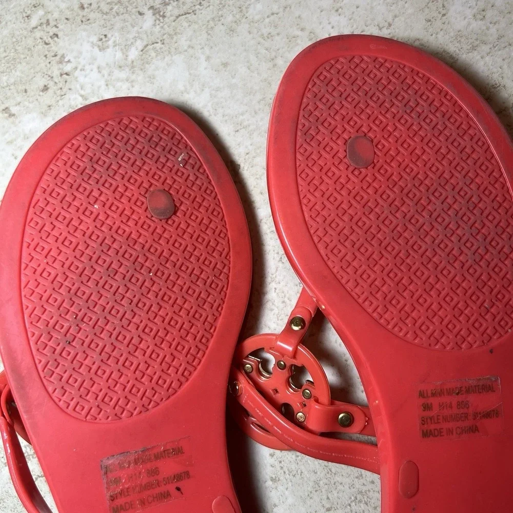 Tory Burch Mini Miller Jelly Thong Sandals Size 9 Orange Coral Double T Gold EUC
